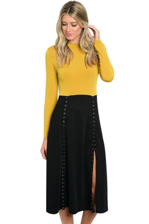 mustard black dress