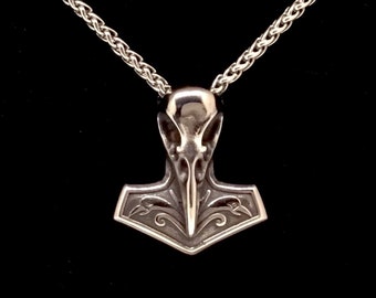 RAVEN SKULL MJOLNIR, goth viking, bird skull, thors hammer, norse mythology, heavy duty, stainless steel, mjolnir necklace, Loki, Odin, thor