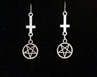 PENTAGRAM PERFECTION, inverted pentagram earrings, satanic jewelry, inverted cross earrings, pentagram, upside down cross, occult jewelry