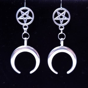 MOON RITUAL, crescent moon earrings, inverted pentagram, satanic jewelry, goth, gothic, occult symbols, left hand path, esoteric, witchcraft image 1