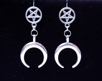 MOON RITUAL, crescent moon earrings, inverted pentagram, satanic jewelry, goth, gothic, occult symbols, left hand path, esoteric, witchcraft