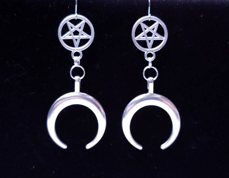 MOON RITUAL, crescent moon earrings, inverted pentagram, satanic jewelry, goth, gothic, occult symbols, left hand path, esoteric, witchcraft image 1