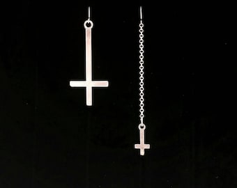 INVERTED CROSS earrings, satanic jewelry, mismatched, matching or single earring, upside down cross, occult jewelry, goth, satanic earrings