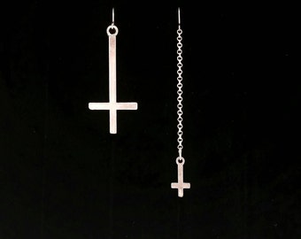 INVERTED CROSS earrings, satanic jewelry, mismatched, matching or single earring, upside down cross, occult jewelry, goth, satanic earrings