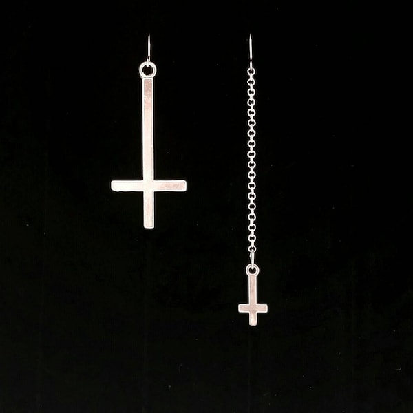 INVERTED CROSS earrings, satanic jewelry, mismatched, matching or single earring, upside down cross, occult jewelry, goth, satanic earrings