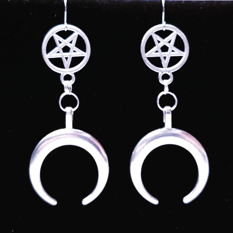 MOON RITUAL, crescent moon earrings, inverted pentagram, satanic jewelry, goth, gothic, occult symbols, left hand path, esoteric, witchcraft image 2