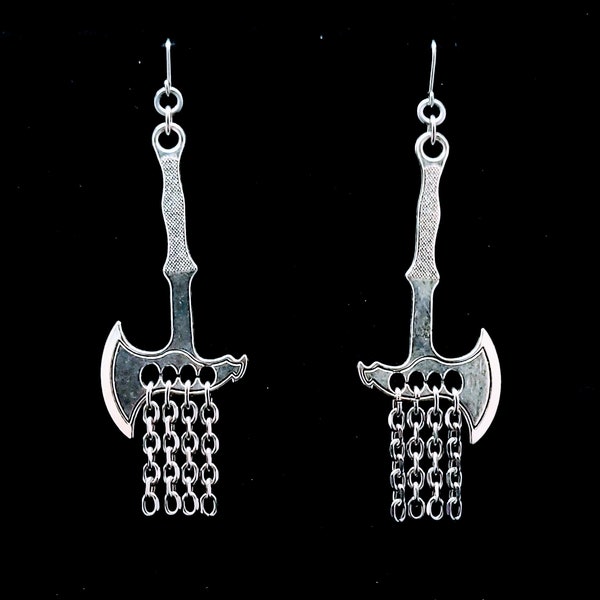 BATTLE AXE earrings with chain fringe, medieval, long hanging viking earrings, knight style, ye olde, gifts for metalheads, ax, goth, dark