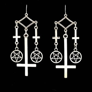 OCCULT PRIESTESS, upside down cross earrings, satanic pentagram, macabre, gothic jewelry, inverted cross, satanic symbols, ear weights, goth