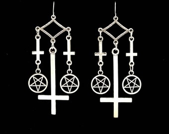 OCCULT PRIESTESS, upside down cross earrings, satanic pentagram, macabre, gothic jewelry, inverted cross, satanic symbols, ear weights, goth