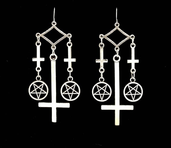 Inverted Upside Down Cross Pentagram Earrings Jewelry Goth Death