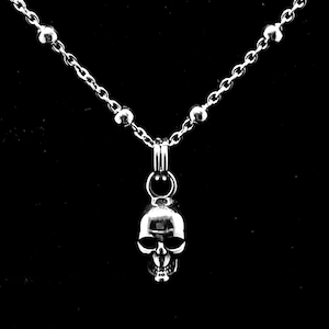 HUMAN SKULL on rosary chain, skull necklace, delicate death, punk rock meets goth, prey to me