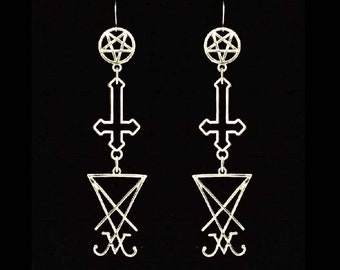 SEXY SIGILS, super long satanic earrings, lucifer sigil earrings, inverted cross, inverted pentagram, occult jewelry, metalhead accessories