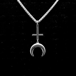 SATANIC WARLOCK, inverted cross necklace, double horn crescent moon, satanic jewelry, upside down cross, occult, goth, 100% stainless steel