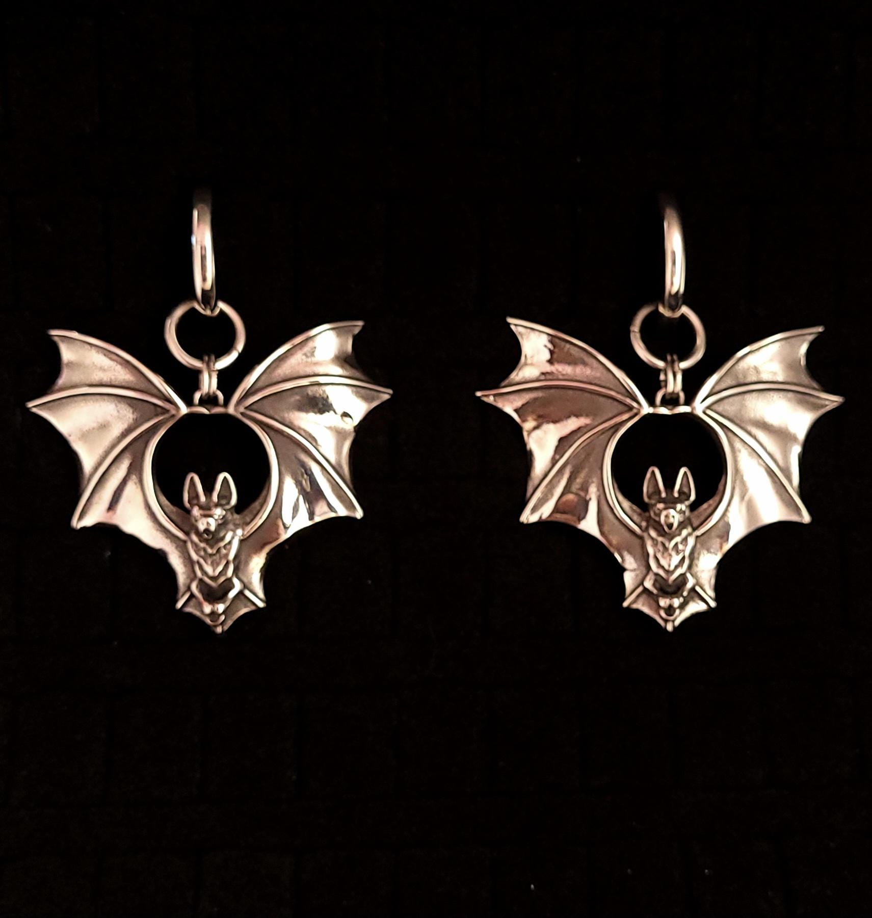 BAT HANGERS, gauged hoop bat earrings, goth gauges, large bat, ear weights, 6 gauge or larger