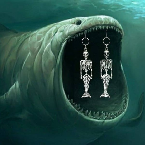 MERMAID SKELETON ear weights, mermaid skeleton earrings, oddities, articulated earrings, aquatic specimen, ahab, hinged earrings, punk, goth