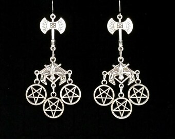GOTH GODDESS, pentagram earrings, bat earrings, battle ax, inverted pentagram, gothic earrings, gothic jewelry, satanic symbols, ear weights