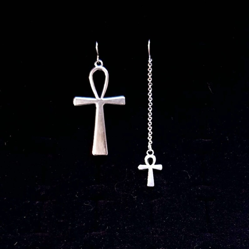 ANKH earrings, victorian goth, anhk, asymmetrical, vampire, egyptian earrings, gothic jewelry, isis, the hunger, ishtar, mismatched earrings image 1