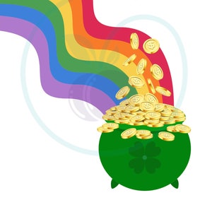 Pode incluir: Um pote verde com um desenho de trevo está cheio de moedas de ouro. Um arco-íris se curva sobre o pote, com mais moedas caindo do arco-íris.