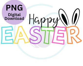 May include: Happy Easter text with bunny ears. The letters are outlined in black and filled with different colors: blue, yellow, purple, green, pink, and orange.