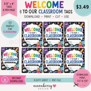Puede incluir: Una hoja digital imprimible con seis etiquetas rectangulares para el aula sobre un fondo negro con estrellas coloridas. Cada etiqueta muestra el texto Welcome to our classroom so glad you are here, una línea para el nombre y útiles.