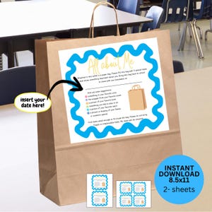 May include: A brown paper bag with a blue and yellow border around the text "All about Me". The text instructs the user to fill the bag with 3 special items that show something important about them. The text also includes a list of suggestions for items to include in the bag. The bag is sitting on a table in a classroom.