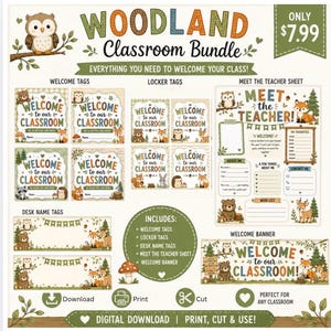 Peut inclure: Un ensemble de classe Woodland en téléchargement numérique avec un thème hibou, ours, renard et raton laveur. Comprend des étiquettes d'accueil, des étiquettes de casier, des étiquettes de bureau, une fiche enseignant et une bannière.