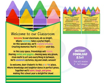 Welcome to my classroom, school welcome flyer, classroom welcome, teacher welcome, flyer, card, welcome back to school kids tag, crayon box