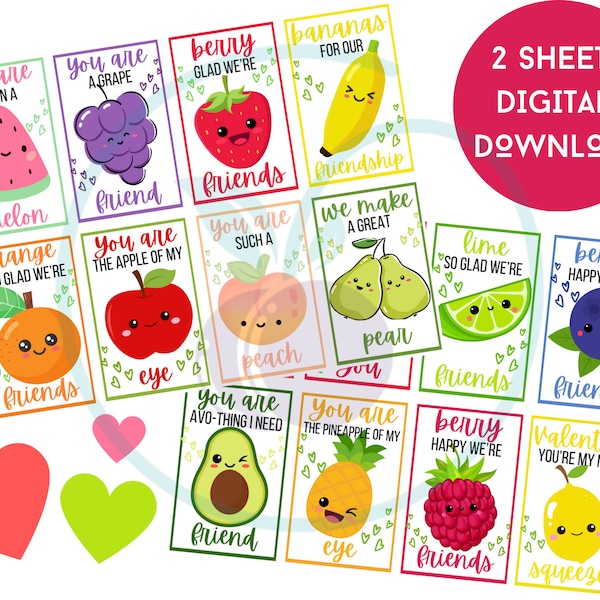 Valentine Kids Cards, Fruity Valentine Cards Kids Exchange, Fruit Valentine's Day Cards for Kids, Printable Valentines, Fruit snack cards