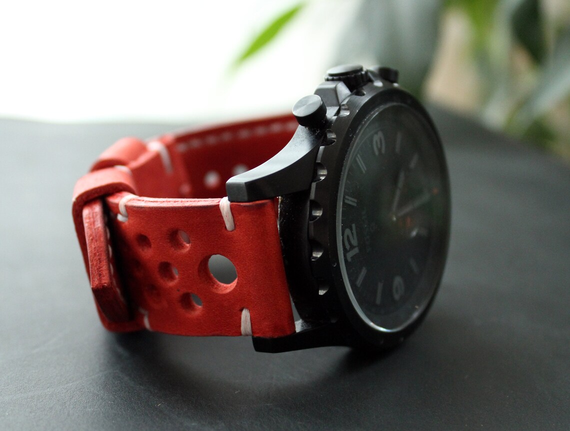 22mm red leather watch strap