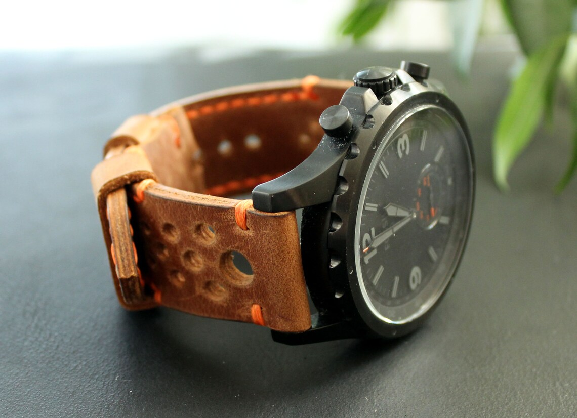Real Leather Watch Strap Brown Orange Men's Watch band Etsy