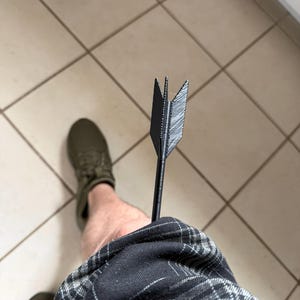 Puede incluir: Una flecha negra con un diseño detallado de emplumado. La flecha se sostiene contra la pierna de una persona, con una tela estampada a cuadros visible. El fondo muestra un suelo embaldosado y un vistazo de un zapato.