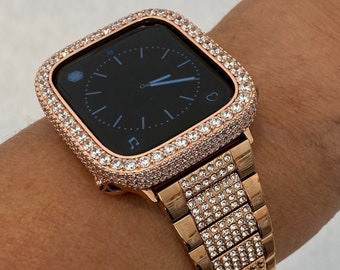 Rose Gold Apple Watch Band Stainless Steel Swarovski Crystal & or Apple Watch Case Lab Diamond Iphone Watch Cover 38mm-49mm Ultra Bling Band
