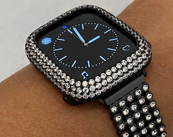 Series 1-8 Apple Watch Band Black Swarovski Crystal & or Apple Watch Cover Lab Diamond Bezel 38mm 40mm 42mm 44mm 45mm 49mm Ultra Smartwatch
