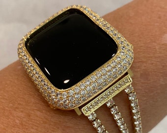 Gold Apple Watch Band Swarovski Crystal 38mm-49mm Ultra & or Apple Watch Case Lab Diamond Bezel Iphone Watch Cover Bumper Iwatch Candy Bling