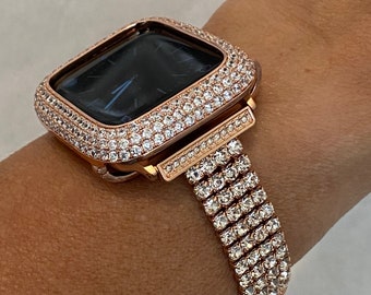 Apple Watch Band Women Rose Gold Swarovski Crystals Series 10 & or Apple Watch Cover Lab Diamond Bezel 38mm 40mm 41mm 42mm 44mm 45mm 46mm