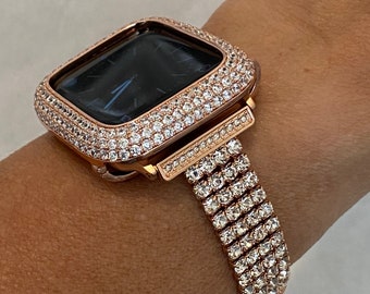 Apple Watch Band Women Rose Gold  Crystals 49mm Ultra & or Apple Watch Cover Lab Diamond Bezel 38mm 40mm 41mm 42mm 44mm 45mm