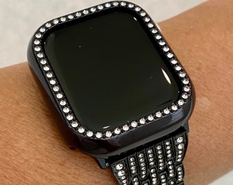Series 10 Black Apple Watch Band Swarovski Crystals 42mm 46mm & or Apple Watch Bezel Iphone Watch Case Protector 41mm 45mm 49mm Ultra Bling
