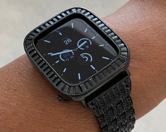 Series 2-10 Apple Watch Band Black on Black Swarovski Crystals & or Apple Watch Cover Lab Diamonds Bezel 38mm-49mm Ultra Bling