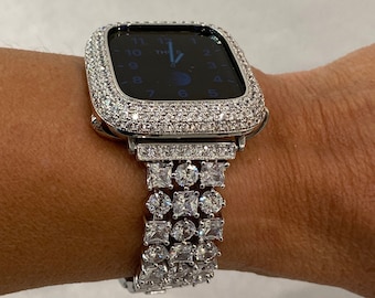 Custom Apple Watch Band Woman Silver and or Apple Watch Cover Lab Diamond Bezel Bling 38mm-45mm New Series 7
