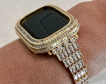 Apple Watch Band Women Designer Crystal Baguette Gold 40mm 41mm 44mm 45mm & or Apple Watch Cover Lab Diamond Bezel Iwatch Candy