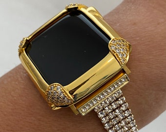 Yellow Gold Apple Watch Band Swarovski Crystals & or Apple Watch Case Lab Diamond Bezel Apple Watch Cover Iwatch Candy Bling 40mm 44mm