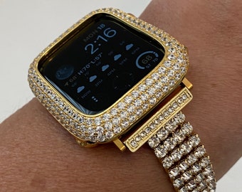 Apple Watch Band Womens 41mm 45mm 49mm Ultra Yellow Gold Handmade 38mm 40mm 42mm 44mm & or Lab Diamond Bezel Cover Series 7-8