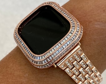 Rose Gold Apple Watch Band with Swarovski Crystals & or Apple Watch Cover Baguette Lab Diamond Bezel Cover 40mm 41mm 44mm 45mm