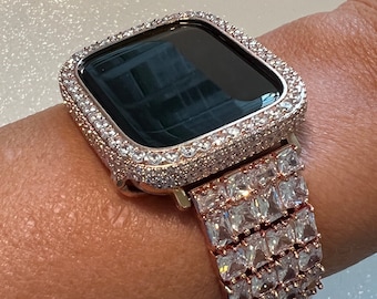 Bold Statement Apple Watch Band Womens Rose Gold  Crystal & or Apple Watch Case, Lab Diamond Bezel, Bling Apple Watch Cover