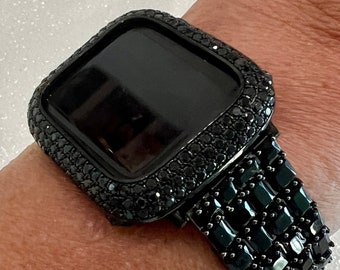 Luxury Apple Watch Band Woman Baguette & Princess Cut Swarovski Crystals Black and or Bling Apple Watch Cover Lab Diamond Bezel 38mm-49mm