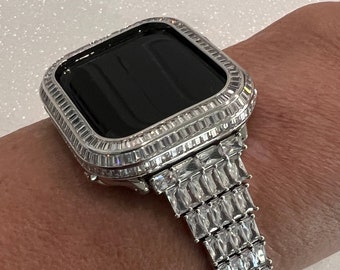 Apple Watch Band Women Designer  Crystal Baguette Silver 40mm 41mm 44mm 45mm  & or Apple Watch Cover Lab Diamond Bezel Iwatch Candy