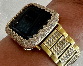 Designer Apple Watch Band Women Gold 38mm 40mm 41mm 42mm 44mm 45mm Swarovski Crystals & or Apple Watch Cover Lab Diamond Bezel Case
