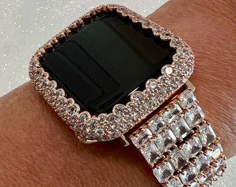 Luxury Apple Watch Band Woman Baguette & Radiant Cut  Crystals Rose Gold and or Apple Watch Cover Lab Diamond Bezel 38mm-49mm