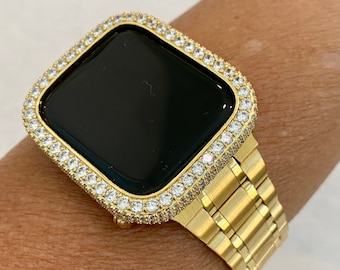 Gold Apple Watch Band 41mm 45mm Stainless Steel & or Apple Watch Cover Lab Diamond Bezel Apple Watch Case Bling 38mm-49mm Ultra