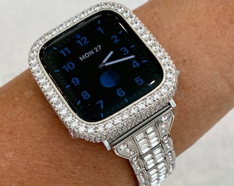 Silver Apple Watch Band Womens Swarovski Crystal Baguettes 49mm Ultra 41mm 45mm & or Apple Watch Cover Lab Diamond Smartwatch Bumper 38-45mm